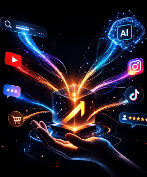 Visual representation of customer intent signals emerging from search, AI, and social platforms converging into a structured brand growth engine – Outrun Growth best digital marketing agency in Chennai.