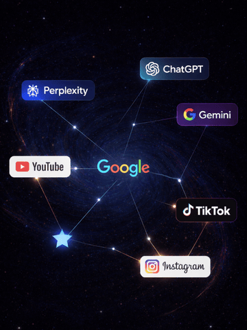 Illustration showing how people discover brands through Google, AI platforms like ChatGPT and Gemini, and social platforms such as YouTube, TikTok, and Instagram – by Outrun Growth, the best digital marketing agency in Chennai.