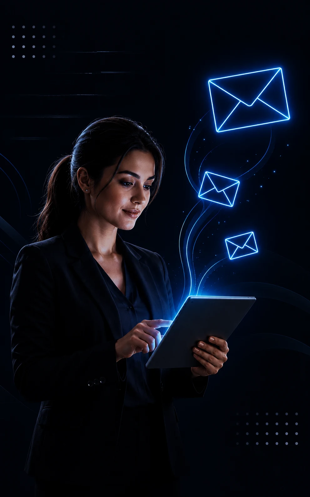 Professional woman using a tablet with glowing email automation visuals, representing email marketing services in Chennai by Outrun Growth for customer engagement and repeat revenue.