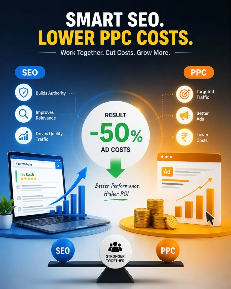 Modern infographic showing how Outrun Growth a SEO company in Chennai and the best PPC agency use SEO to improve relevance, reduce wasted ad spend, and optimize PPC services in Chennai for better results.