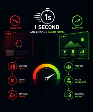 Visual representation of slow vs fast website performance by Outrun Growth, a web development company in Chennai, showing how faster websites improve user experience, leads, and business growth.