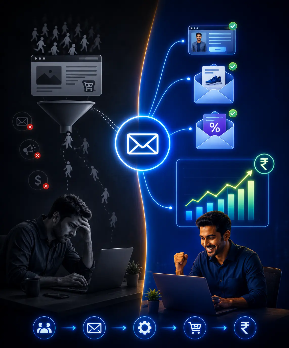 Visual representation of email marketing automation by Outrun Growth showing how an email marketing agency in Chennai turns website traffic into repeat customers, conversions, and long-term revenue growth.
