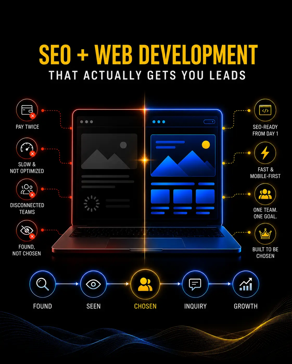 Minimal infographic showing SEO-first web development in Chennai with faster websites, lower ad costs, mobile optimization, and lead generation benefits
