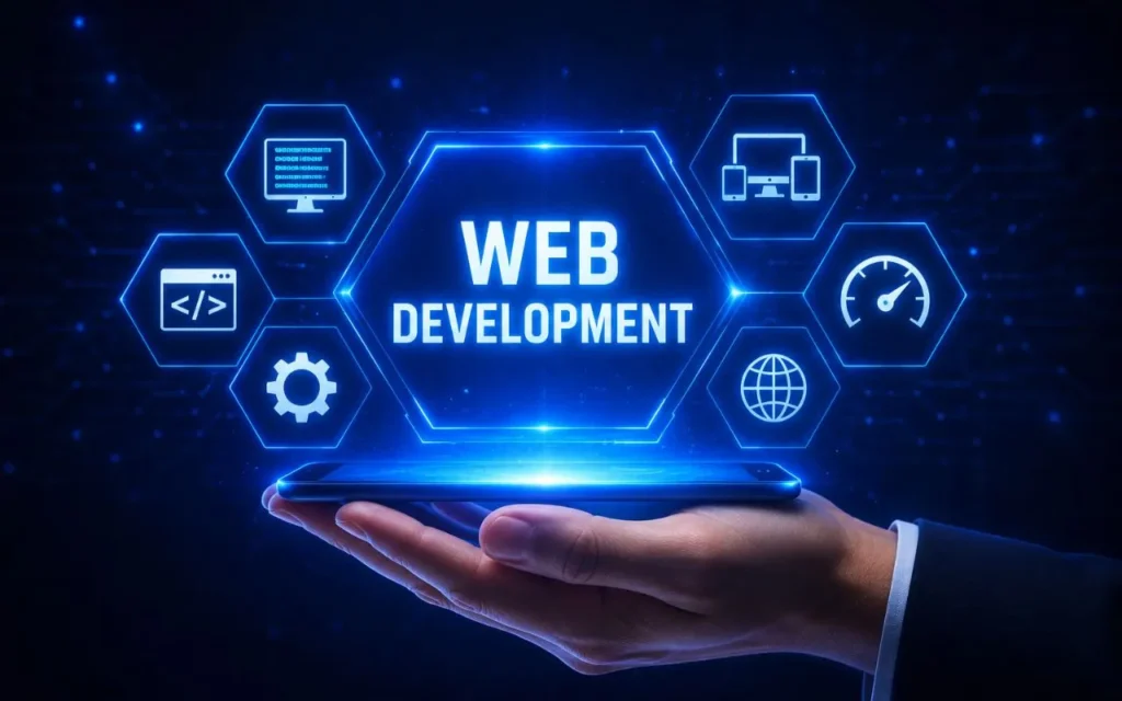 Futuristic web development illustration by Outrun Growth showing coding, responsive design, website speed, and digital performance by a web development company in Chennai.
