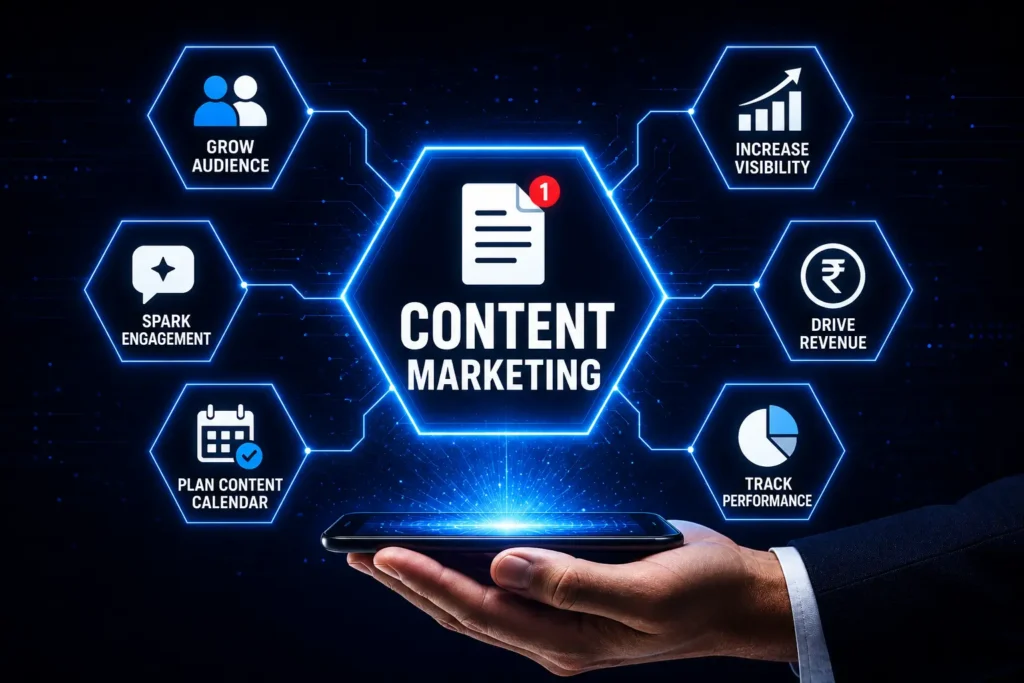 Content marketing infographic with a glowing blue hexagonal hub projected from a smartphone, highlighting audience growth, engagement, content planning, visibility, revenue generation, and performance tracking on a futuristic dark technology background.