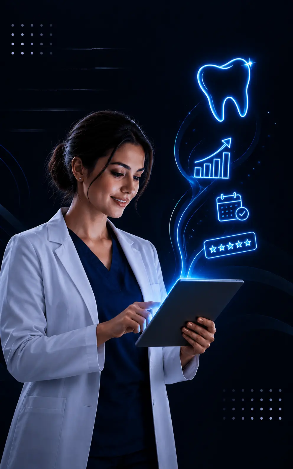 Dentist using a tablet with digital marketing visuals for dental clinic growth, including tooth health, patient bookings, growth analytics and five-star reviews, from Outrun Growth Marketing - digital marketing agency for dentists in Chennai.